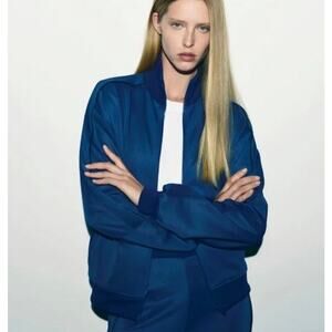 ZARA | Women's Full Zip Retro Jacket NEW Size Medium Blue Petrol Varsity Track